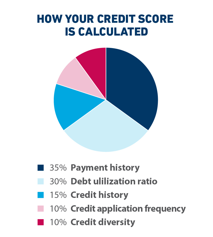 A pie chart showing what factors impact your credit score, including payment history (35%) debt utilization ratio (30%) credit history (15%) credit application frequency (10%) credit diversity (10%)